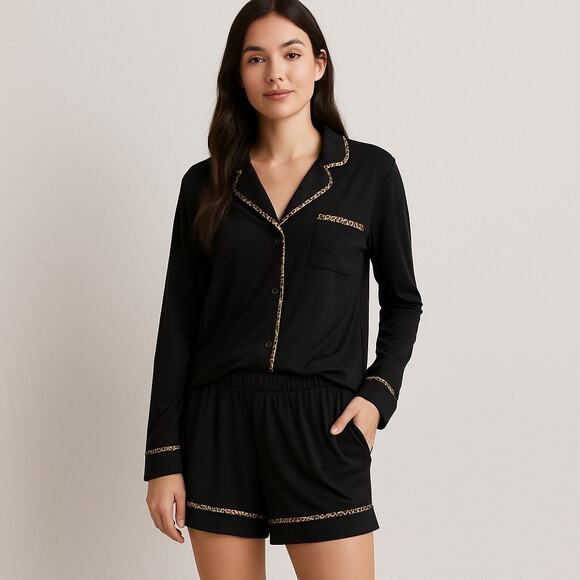 Victoria’s Secret Heavenly Black Pajama Set Leopard Trim Button Top Shorts S - Picture 1 of 8